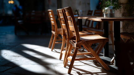 Outdoor cafe terrace at high noon stark geometric shadows of chairs and tables on white stone floor no people graphic abstract beauty architectural photography meets