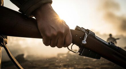 Man Gripping Rusted Rifle Stock Outdoors