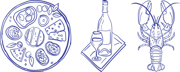 Dolce Vita poster set with Italian holiday outline sketches, Italian summer Dolce Vita cards collection. Seafood, wine, lobster and coastal elements in scribble outline flat vector style