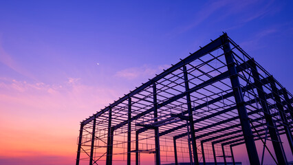 Silhouette steel structure of industry warehouse factory building with metal framework in construction site against colorful twilight sky background, low angle view with copy space
