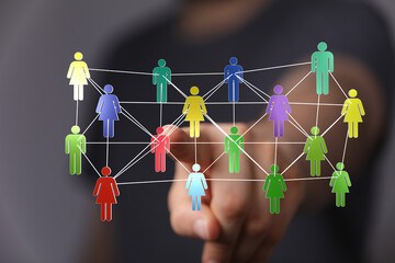 Abstract network of interconnected people icons, representing social connections, teamwork, and business networking. Human interaction and comm