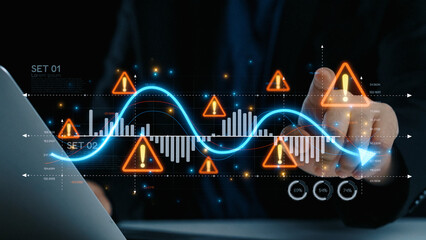 Economic caution visual showing risk alerts and financial volatility. Warning signs highlight economic downturn, market risk, finance crisis, and uncertainty in data-driven analysis. Elide