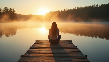 Woman sits on a wooden pier, gazes at mist-covered lake during sunrise. Peaceful morning light reflects on still water, trees line the distant shore, evoking calm.
