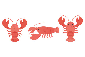 Cute Red Lobster Vector Character Set, Sea Life Animal Illustration, Marine Crustacean Collection for Seafood Menu and Kids