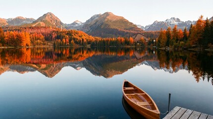 Autumn mountain landscape Strbske Pleso lake Slovakia. Wooden boat canoe. Vibrant fall foliage reflection High Tatras. Travel destination. Orange forest nature outdoor scenic water.