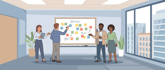 Diverse corporate team collaborating in a modern office during a brainstorming session. Colleagues are using a whiteboard with sticky notes for project planning and creative idea generation.