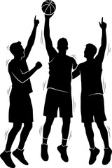 Black silhouette of three basketball players jumping together to reach a ball, isolated on white. Concept of teamwork, sport and success.