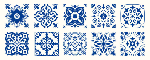 Set of 10 tiles azulejios. Mediterranean tile, blue and white seamless patterns. Spanish, Sicilian, Portuguese, Italian traditional ornaments. Set of floral mosaic designs with ethnic motifs. vector