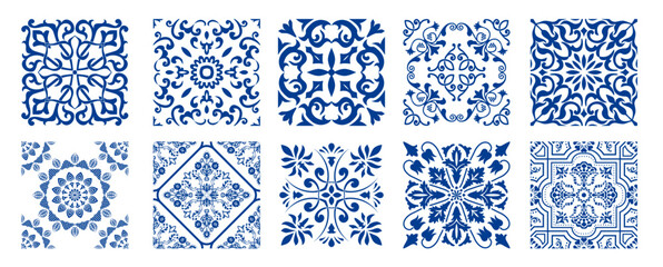 Set of 10 tiles azulejios. Mediterranean tile, blue and white seamless patterns. Spanish, Sicilian, Portuguese, Italian traditional ornaments. Set of floral mosaic designs with ethnic motifs. vector