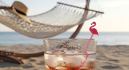 Refreshing cocktail with flamingo stirrer on wooden beach table, hammock with hat in background. Tropical sunset drink, summer vacation relaxation, beach bar atmosphere.