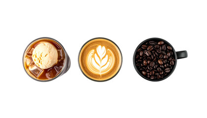 Overhead shot of iced coffee with ice cream, latte art, and coffee beans, black background