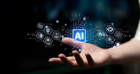 Artificial intelligence AI assistant concept featuring agentic AI understands voice, analyzes images, and autonomously completes complex AI tasks. Next generation of smart AI technology. Corpus