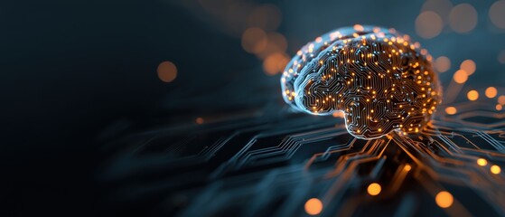 abstract digital brain on a circuit board background with copy space, in blue and orange colors concept of artificial intelligence or technology for web banner design Generative AI
