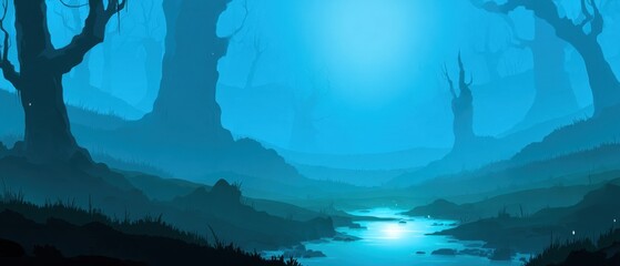 Mystical forest scene with a flowing river bathed in blue light