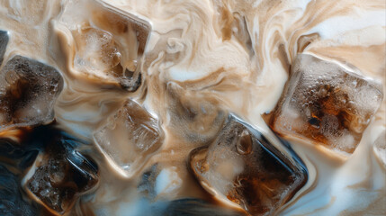 Close-up of ice cubes melting into a creamy coffee drink, creating abstract swirls and patterns.