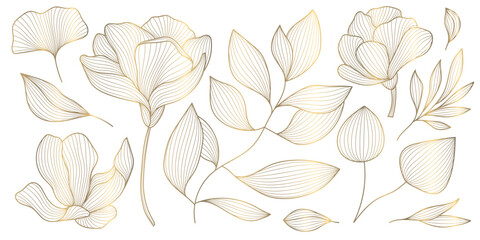 Luxury floral pattern, gold line chinese roses, peonies, elegant leaves isolated. Ornate vector illustration vintage engraving, modern minimalism, wedding design, romantic print, wallpaper, border.