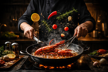 Chef cooking lobster with spices in a pan