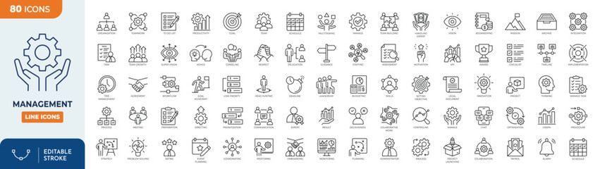 Management icon set. Containing management, teamwork, administration, strategy, leadership, business, planning, employee, and more. Outline icons collection. Editable stroke. Vector illustration