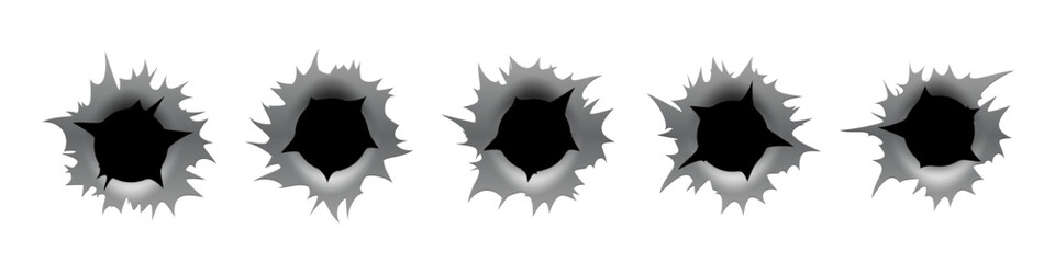 Bullet hole gun mark effects set. Dark impact shapes with torn edges and metallic shading on white background with damage textures. Detailed realistic vector illustration.