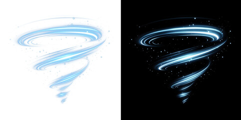 Blue Tornado Wind Vortex Spiral with Light Trails, Transparent and Black Background Versions