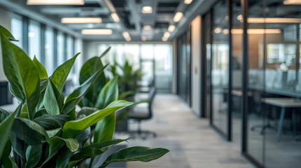 Stunning photo of a modern office space with a blurred background, featuring lush green plants with vibrant leaves and sleek glass partitions that reflect the soft, natural light pouring in