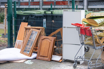 bulky waste reduction, large pile discarded furniture, renovation or decluttering process, used things on street, problem shredding garbage, debris trash, diverted for recycling, pollution nature