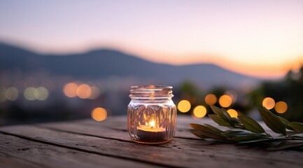 Glowing candle in jar on rustic wooden table with twilight mountain view