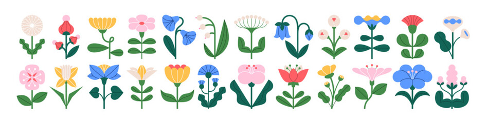 Floral design elements, abstract folk style flowers set. Spring and summer blossoms with delicate petals, leaves. Nature decor of geometric shape. Flat vector illustration isolated on white background