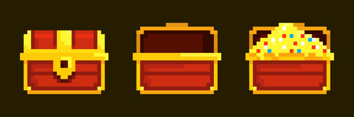 Pixel treasure chests. Wooden chest treasures open box, pixelart retro game icon mystery golden coin pirate gold money gem 8 bit video arcade ui travel kicky vector illustration