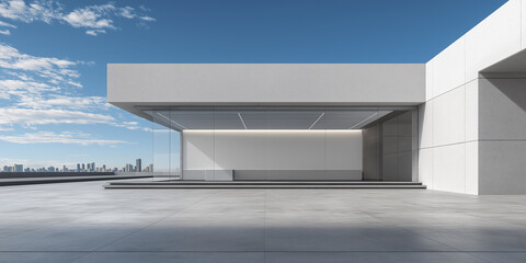Open air showroom featuring smooth concrete floor under clear blue sky and urban city skyline with towering skyscrapers. Expansive concrete floor provides copy space, ideal as display background.