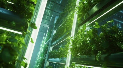 High-tech indoor vertical farm with glowing LED lights
