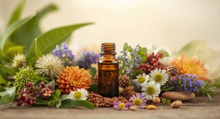 Spa and wellness essential oil bottle with botanical flowers and medicinal plants for alternative care