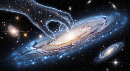 Cosmic creation: glowing hand touches galaxy amidst starry expanse.