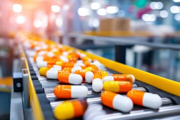 Orange and White Capsules on Production Line in Drug Manufacturing Facility