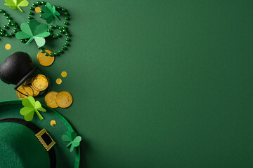 St. Patrick's Day celebration greeting scene with a green hat, paper shamrocks, gold coins, green beads and confetti arranged on a dark green background for holiday and luck visuals