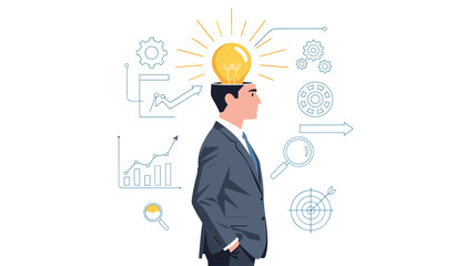 Businessman with a glowing lightbulb in his head as a metaphor for creativity, innovation, and business discovery. Professional man surrounded by strategic icons like charts, gears, and targets.