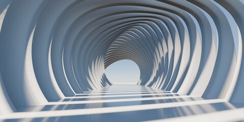 Abstract 3D render of a futuristic white circular tunnel with rhythmic organic arches. Conceptual architectural hallway representing a portal, innovation, and modern minimalist interior design