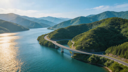 Aerial view of a scenic curved highway bridge over a blue lake, surrounded by lush green mountains under a clear sky. Highlights nature, transport infrastructure, and serene landscape.