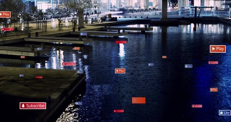 Reflecting basin showing blue lights at harbor concrete pier, floating Play Subscribe Like badges