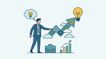 Businessman with Creative Idea and Innovation Concept for Business Growth. Illustration of Professional Man Pointing to a Rising Arrow with Gears and Lightbulb for Success and Strategy.