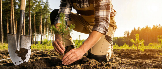 Close-up of a Man Planting a Small Pine Tree Sapling in a Field During a Reforestation Project at Golden Hour. Environmental Conservation Effort to Restore Forest Ecosystem and Sustainability.