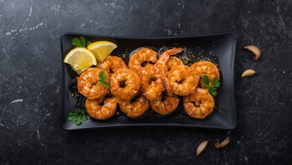 Garlic lemon shrimp sautéed in a pan. Seafood. Set on a dark stone backdrop