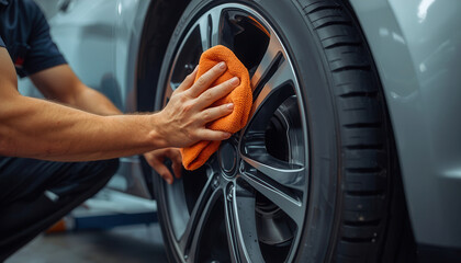 Close-up of a male mechanic wiping the discs on a car wheel in a workshop with an cloth.