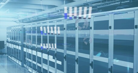 Displaying glass racks extending along data center aisle, showing LED lights and office chair left