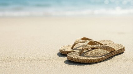 Pair of Woven Straw Sandals Resting on Sandy Beach