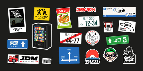 Stickers featuring Japanese culture and street aesthetics, railway and car stickers, Japanese and Tokyo road signs, license plates, subway, and other stickers, Vector graphic collection