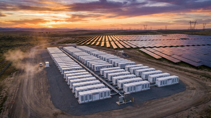 Aerial view of a utility-scale battery energy storage system (BESS) alongside a massive solar farm at sunset.