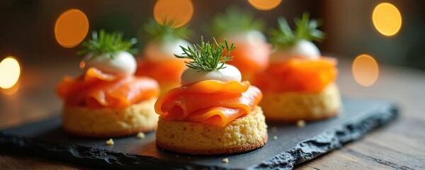 Smoked salmon appetizers arranged on slate. Small cornbread cakes topped with cream cheese, salmon, and dill. Cozy bokeh lights add festive atmosphere for parties or events.