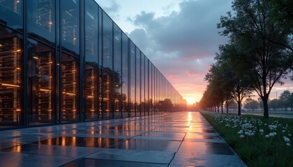 Modern glass building facade with glowing server racks inside. Exterior view of data center at sunset with paved walkway and green lawn. Tech infrastructure with lights reflecting on wet pavement.
