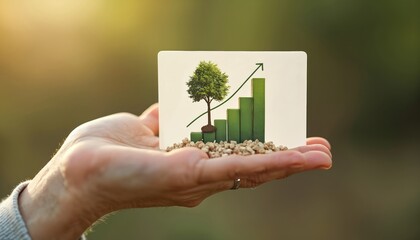Hand shows card with tree and green growth chart. Represents financial success, investment, and eco-friendly business growth. Symbolizes future planning and development.